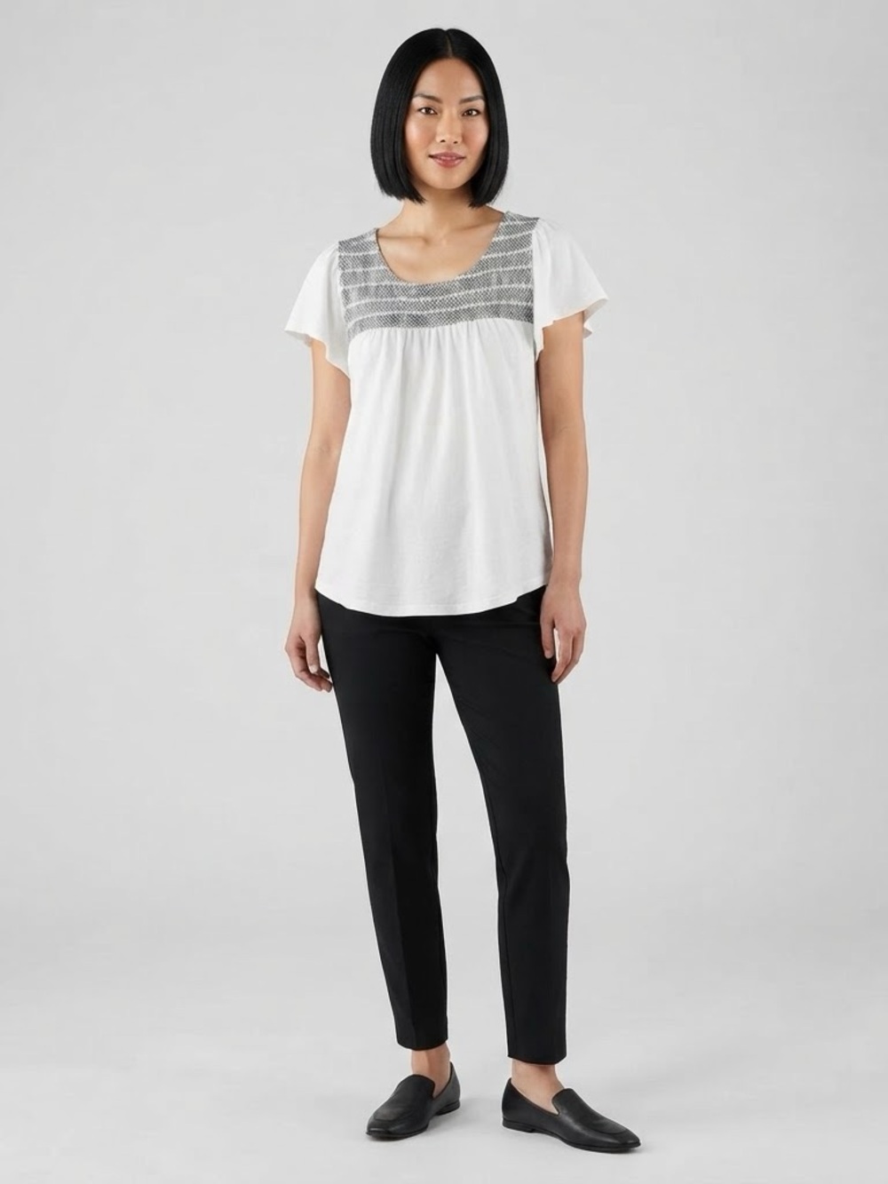 LOFT White Short Sleeve Top with Gray Patterned Yoke